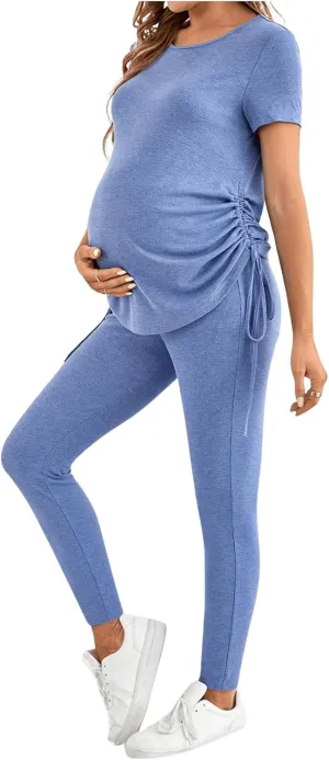 OYOANGLE Women's Maternity 2 Piece Outfits Drawstring Ruched Short Sleeve Ribbed Tee Top & Leggings Pregnancy Lounge Set
