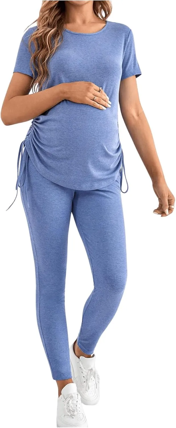 OYOANGLE Women's Maternity 2 Piece Outfits Drawstring Ruched Short Sleeve Ribbed Tee Top & Leggings Pregnancy Lounge Set