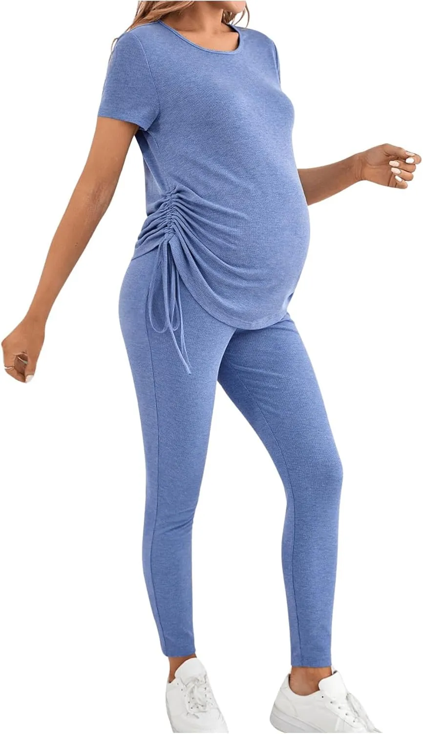 OYOANGLE Women's Maternity 2 Piece Outfits Drawstring Ruched Short Sleeve Ribbed Tee Top & Leggings Pregnancy Lounge Set