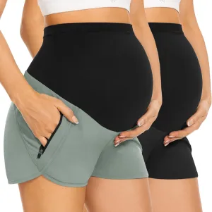 PACBREEZE Women's Maternity Shorts Over Belly Quick Dry Workout Athletic Running Shorts with Zipper Pockets