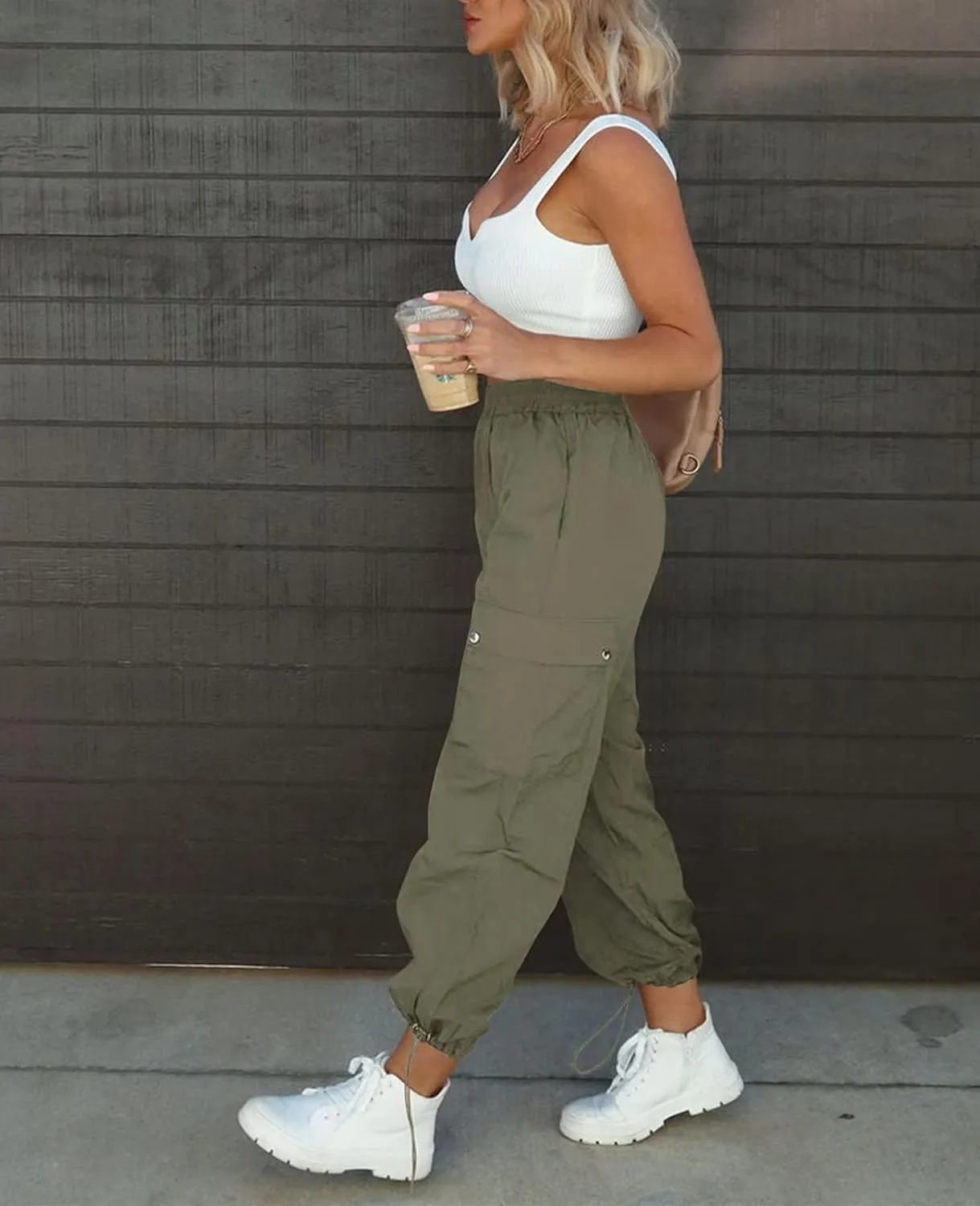 Parachute Pants for Women, Elastic High Waist Y2k Cargo Pants Women Baggy with 4 Pockets