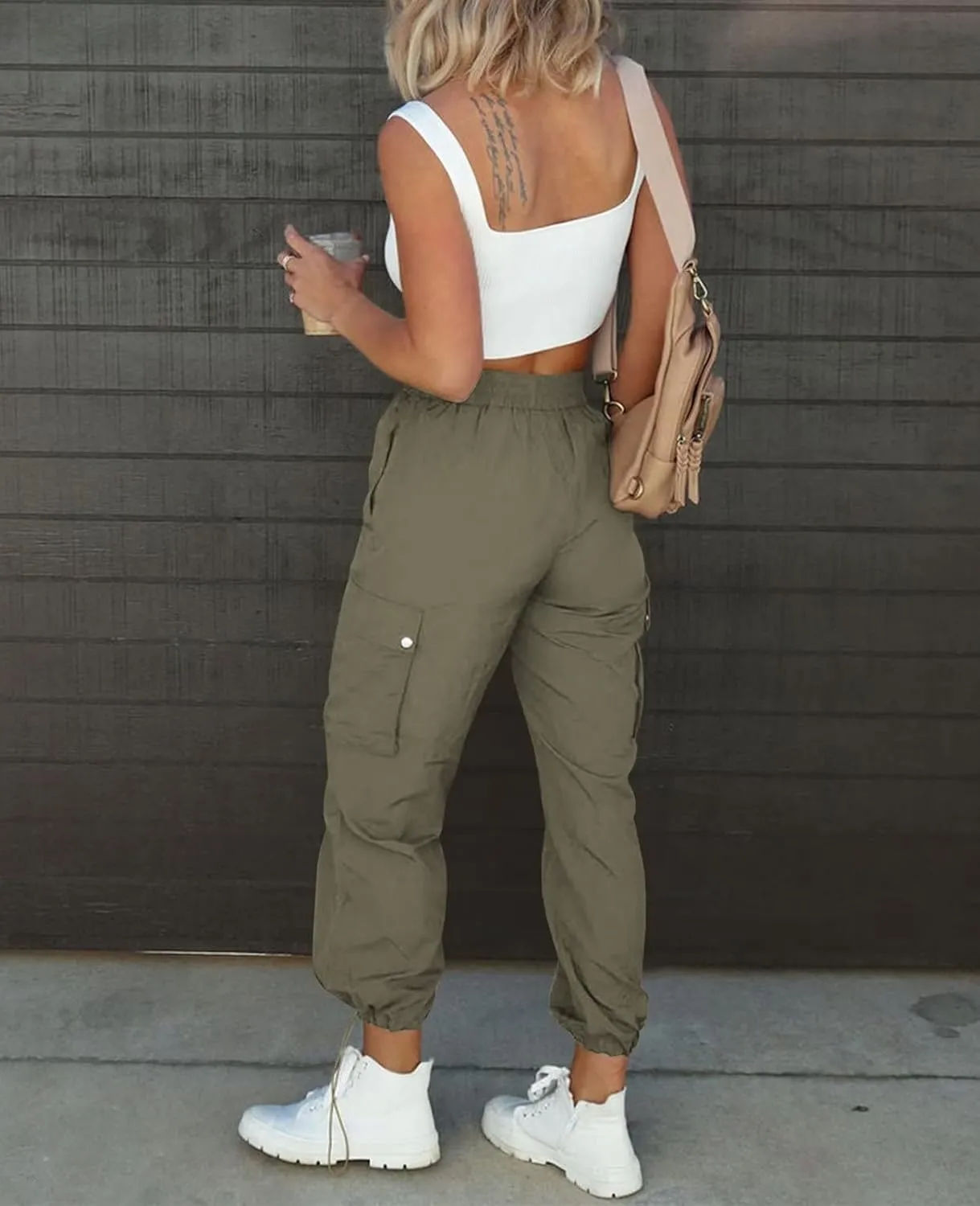 Parachute Pants for Women, Elastic High Waist Y2k Cargo Pants Women Baggy with 4 Pockets