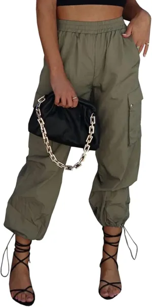Parachute Pants for Women, Elastic High Waist Y2k Cargo Pants Women Baggy with 4 Pockets