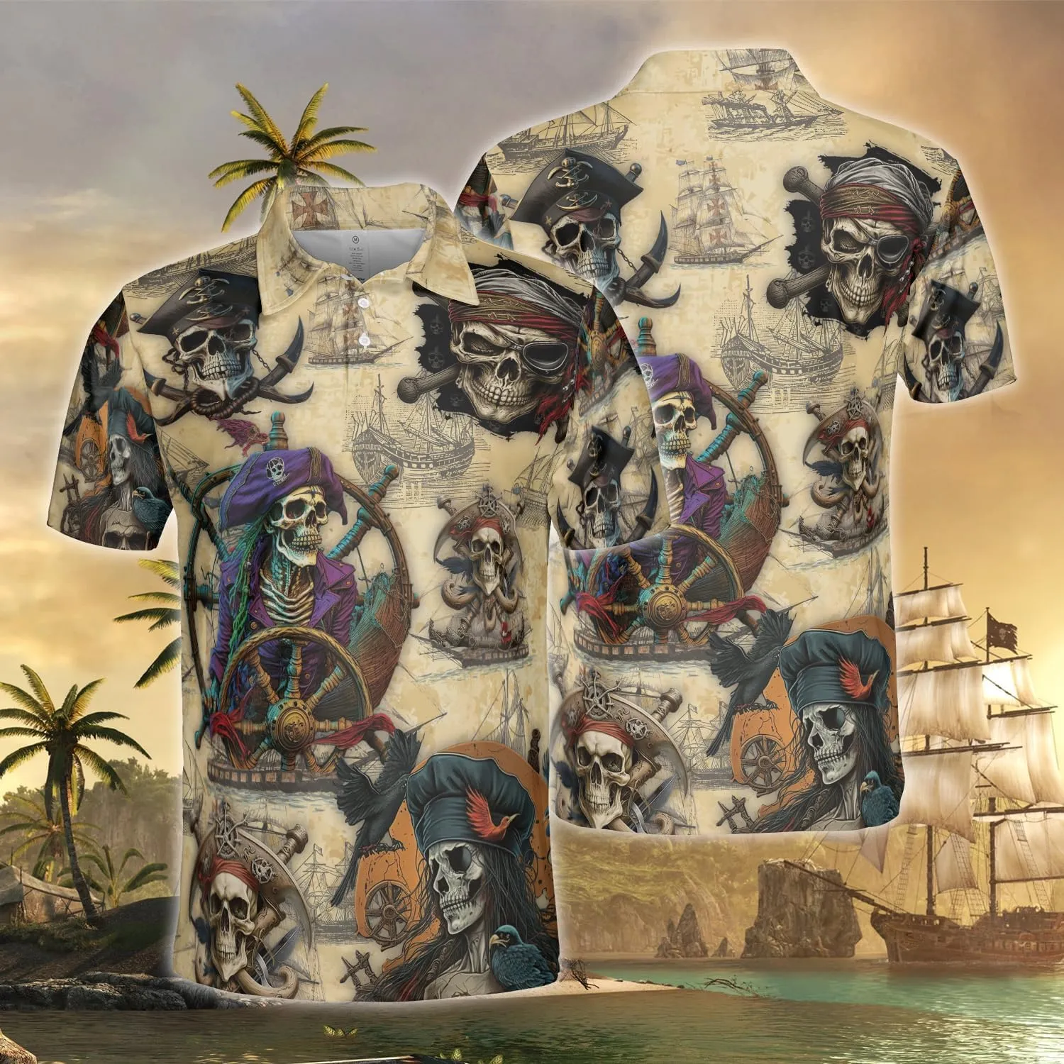 Pirate Polo Shirts for Men - Pirate Lover Stylish Mens Goft Shirt Casual Short Sleeve Button Down Outfit Set 67