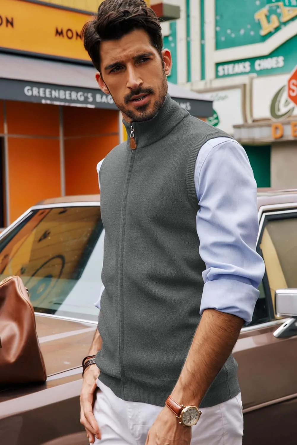 PJ PAUL JONES Mens Sweater Vest Full-Up Knitted Vests Casual Stand Collar Vests Sweater