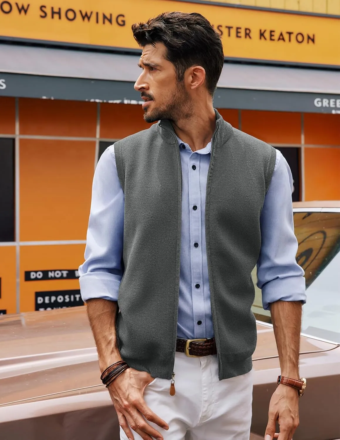 PJ PAUL JONES Mens Sweater Vest Full-Up Knitted Vests Casual Stand Collar Vests Sweater