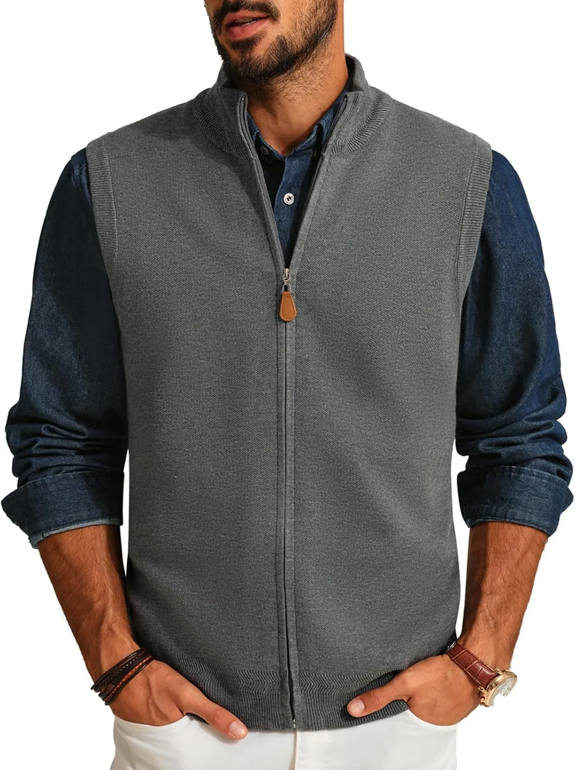 PJ PAUL JONES Mens Sweater Vest Full-Up Knitted Vests Casual Stand Collar Vests Sweater
