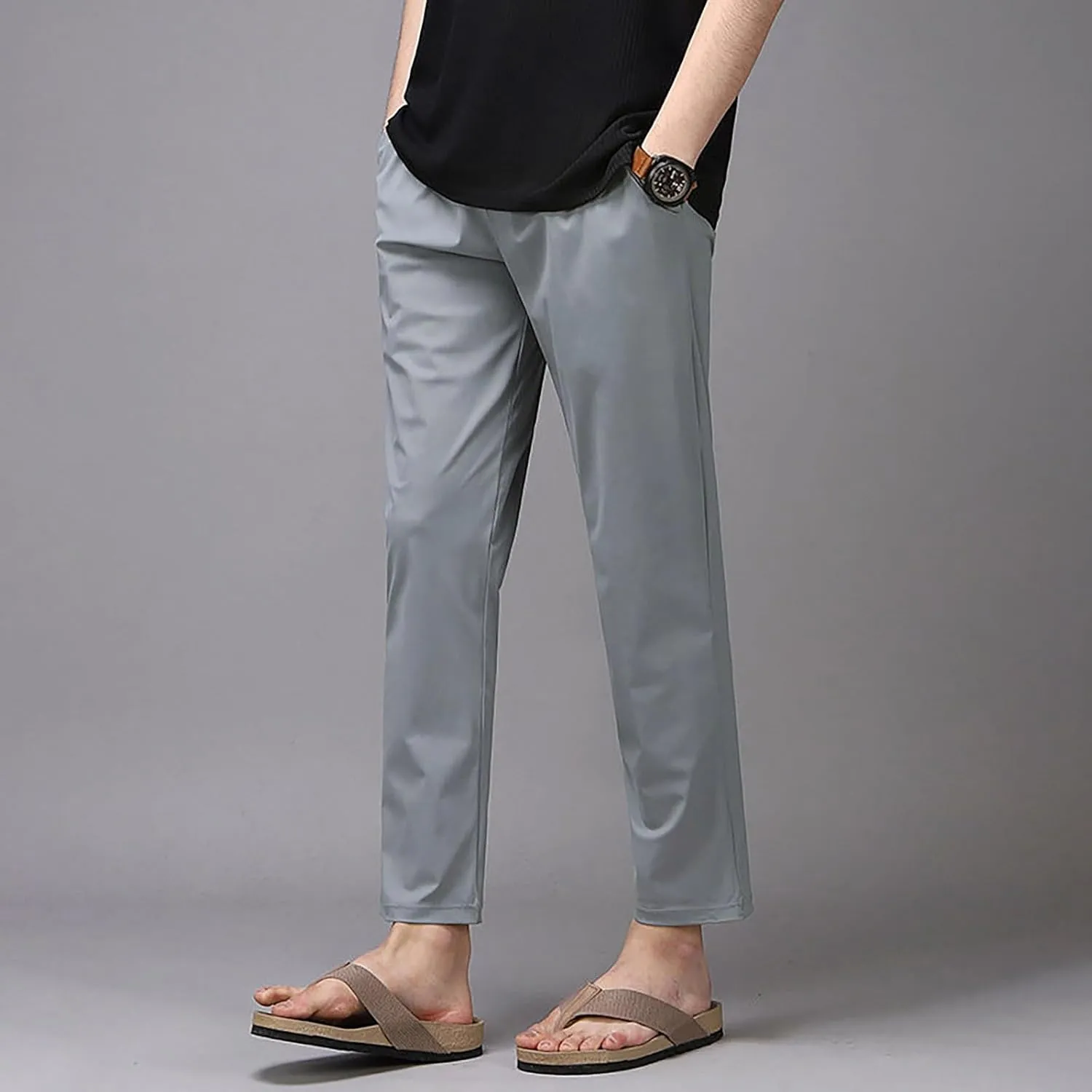 Plain Casual Pants for Men Straight Leg Drawstring Waist Trousers Summer Outdoor Lightweight Slacks with Pockets
