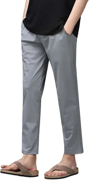 Plain Casual Pants for Men Straight Leg Drawstring Waist Trousers Summer Outdoor Lightweight Slacks with Pockets