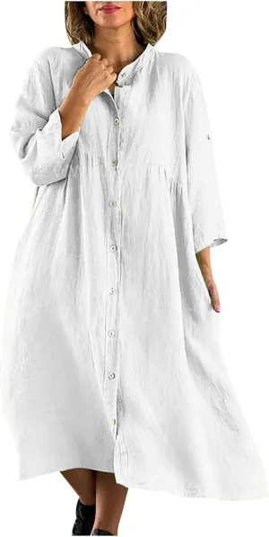 Plus Size 3/4 Sleeve Cotton Linen Shirt Dress Women Button Down Flowy A-Line Dresses Summer Coverup Midi Beach Dress