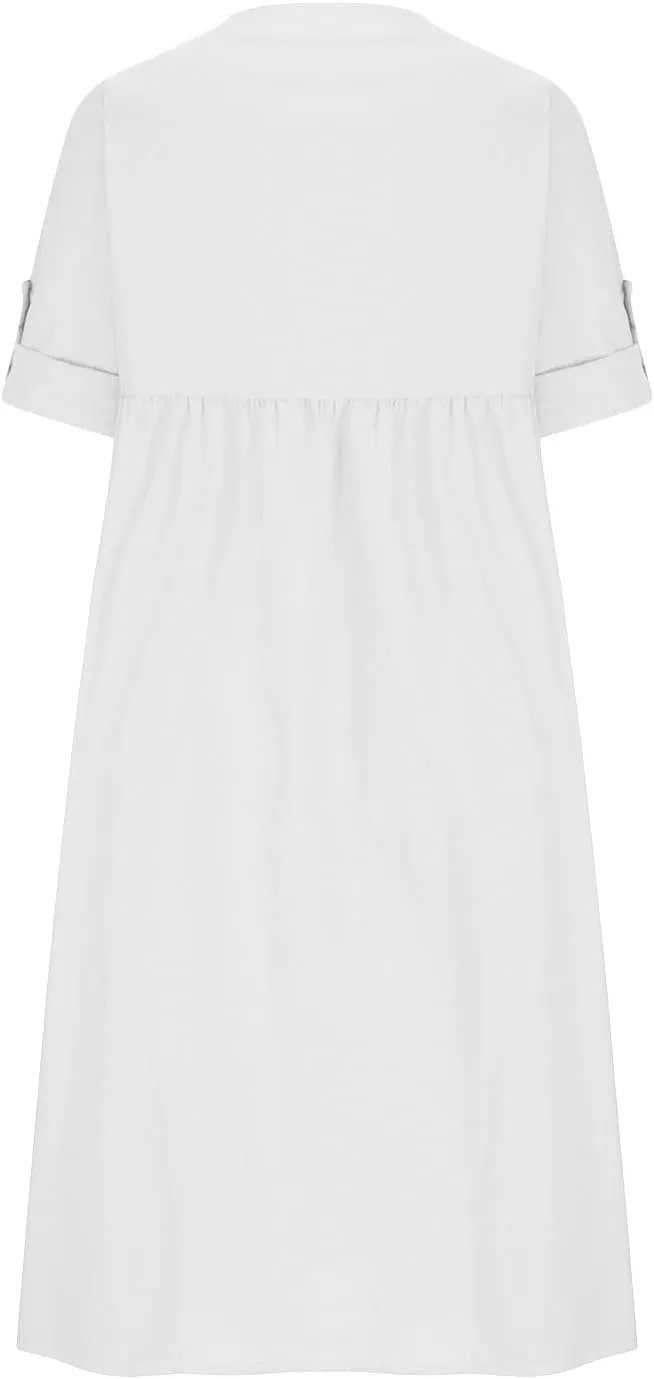 Plus Size 3/4 Sleeve Cotton Linen Shirt Dress Women Button Down Flowy A-Line Dresses Summer Coverup Midi Beach Dress