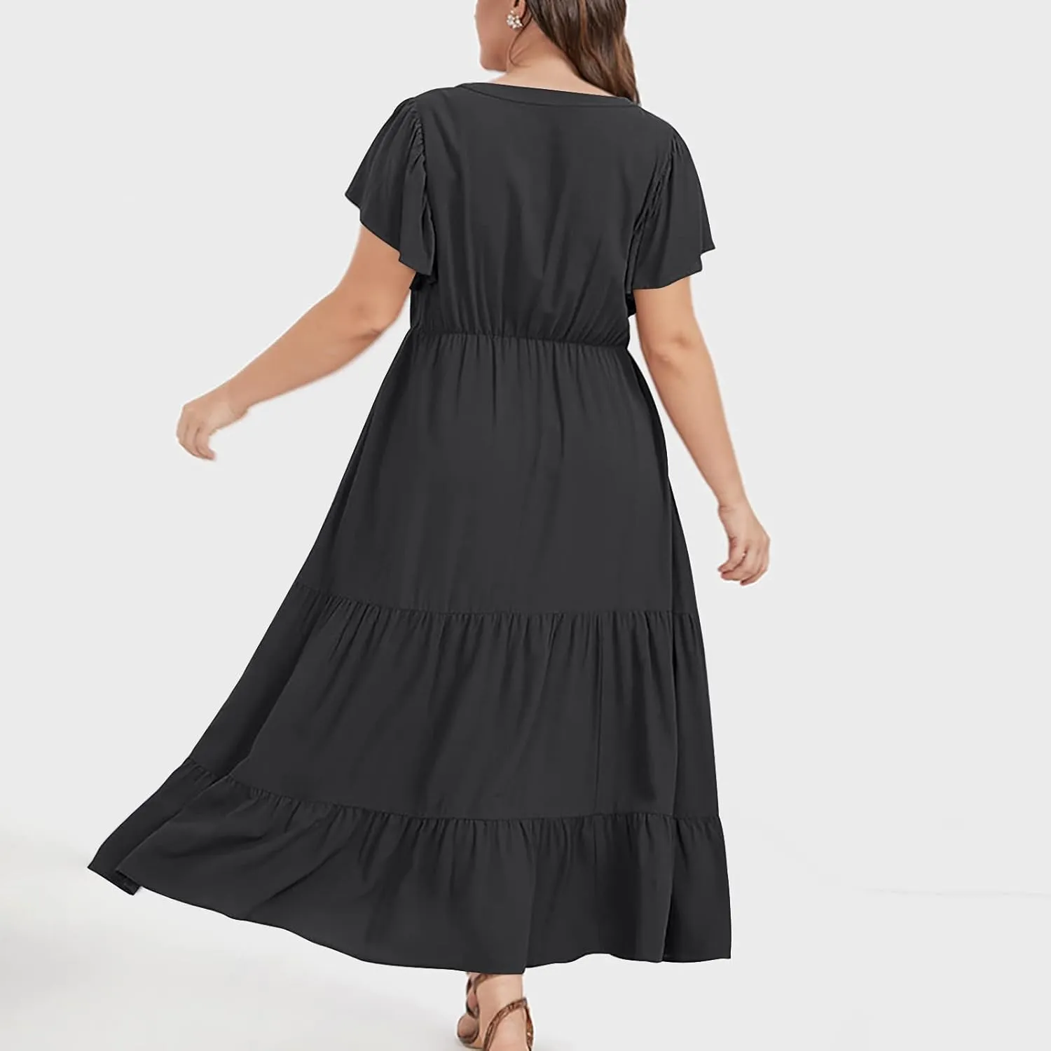 Plus Size Dress for Women V Neck Ruffle Short Sleeve Summer Casual Tiered Sundress Sleeveless with Pockets