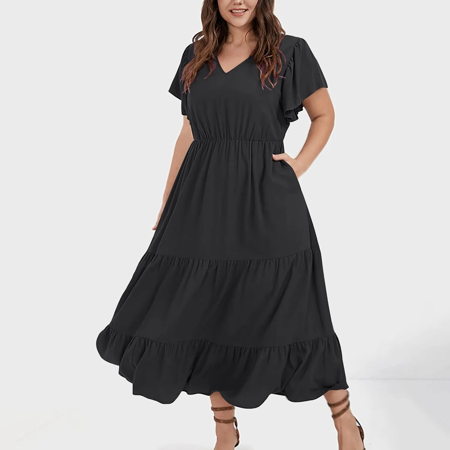 Plus Size Dress for Women V Neck Ruffle Short Sleeve Summer Casual Tiered Sundress Sleeveless with Pockets