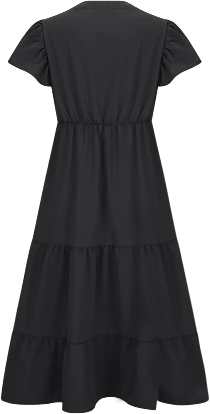 Plus Size Dress for Women V Neck Ruffle Short Sleeve Summer Casual Tiered Sundress Sleeveless with Pockets