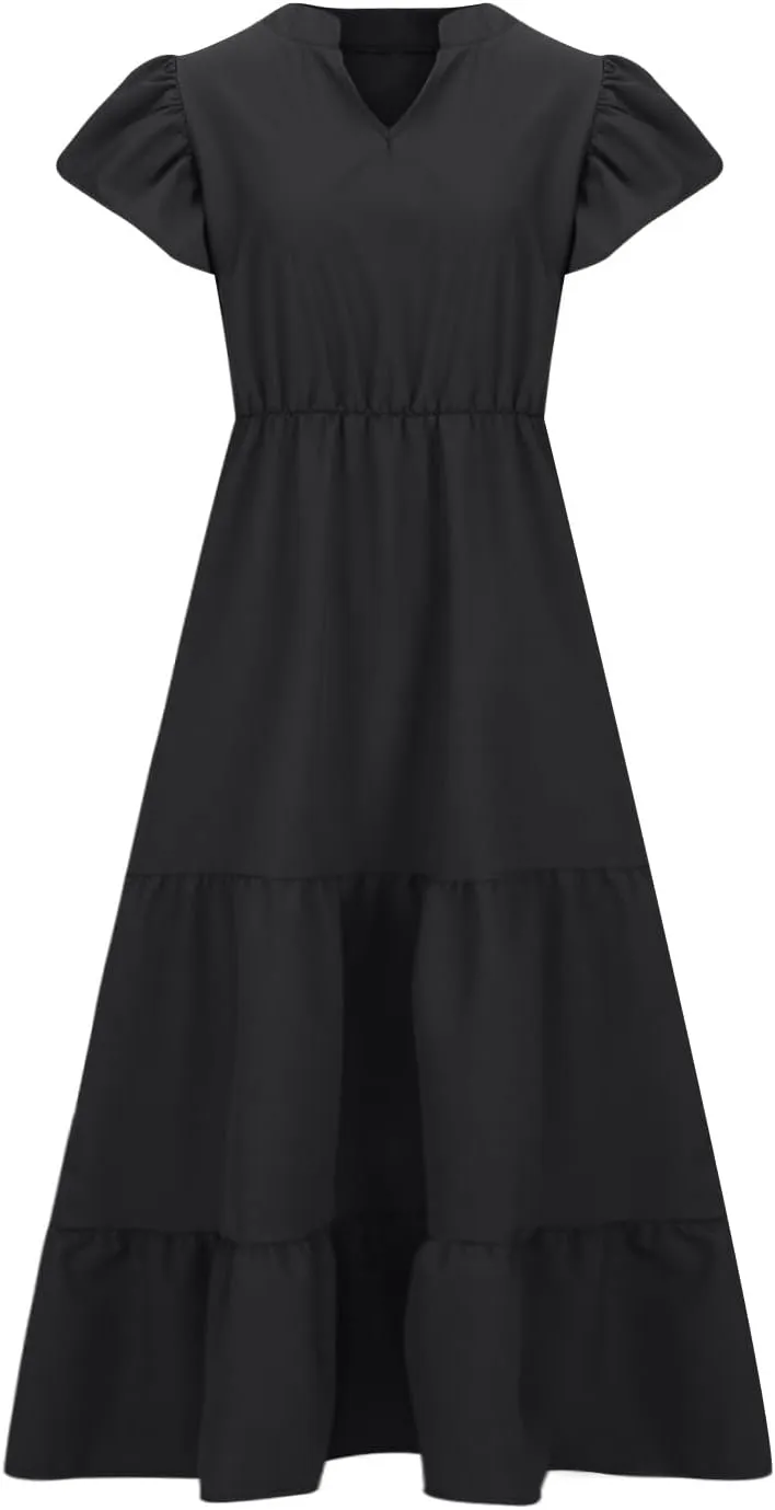 Plus Size Dress for Women V Neck Ruffle Short Sleeve Summer Casual Tiered Sundress Sleeveless with Pockets