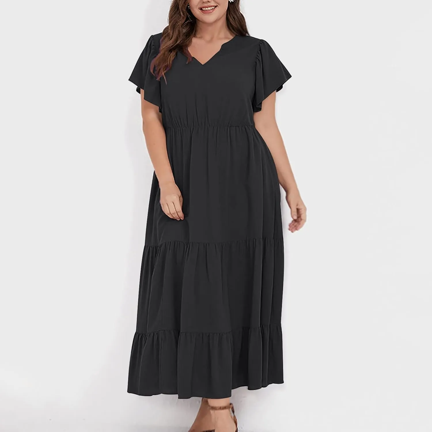 Plus Size Dress for Women V Neck Ruffle Short Sleeve Summer Casual Tiered Sundress Sleeveless with Pockets