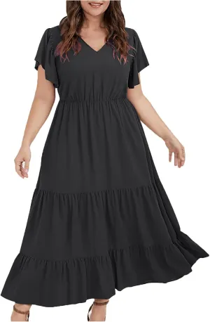 Plus Size Dress for Women V Neck Ruffle Short Sleeve Summer Casual Tiered Sundress Sleeveless with Pockets