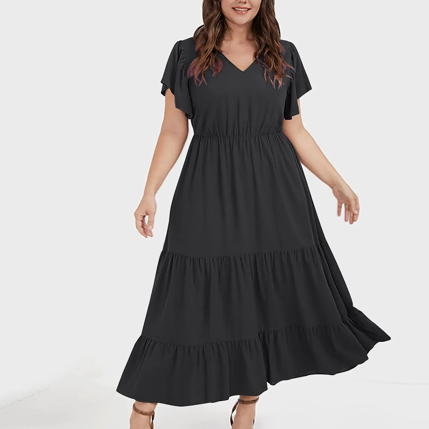 Plus Size Dress for Women V Neck Ruffle Short Sleeve Summer Casual Tiered Sundress Sleeveless with Pockets