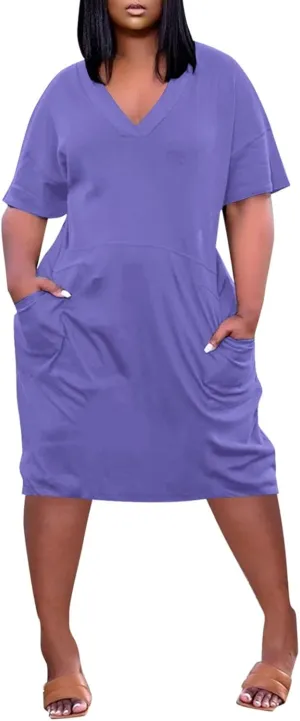 Plus Size Dresses for Curvy Women Summer 2025 Casual Short Sleeve V Neck Midi Dress with Pockets Beach Vacation Dress