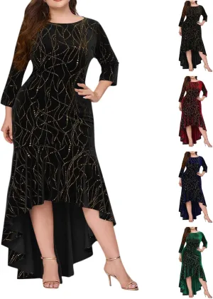 Plus Size Dresses for Curvy Women,2025 Elegant 3/4 Sleeve Velvet Formal Dress Flowy Mermaid High Low Hem Maxi Dress