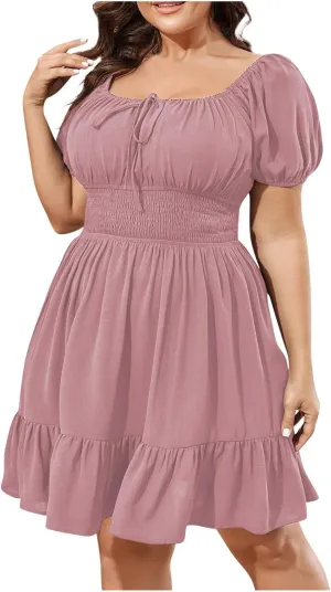 Plus Size Dresses for Women Summer Cute Puff Short Sleeve Square Neck Smocked Waist Pleated Ruffle Hem Short Mini Dress