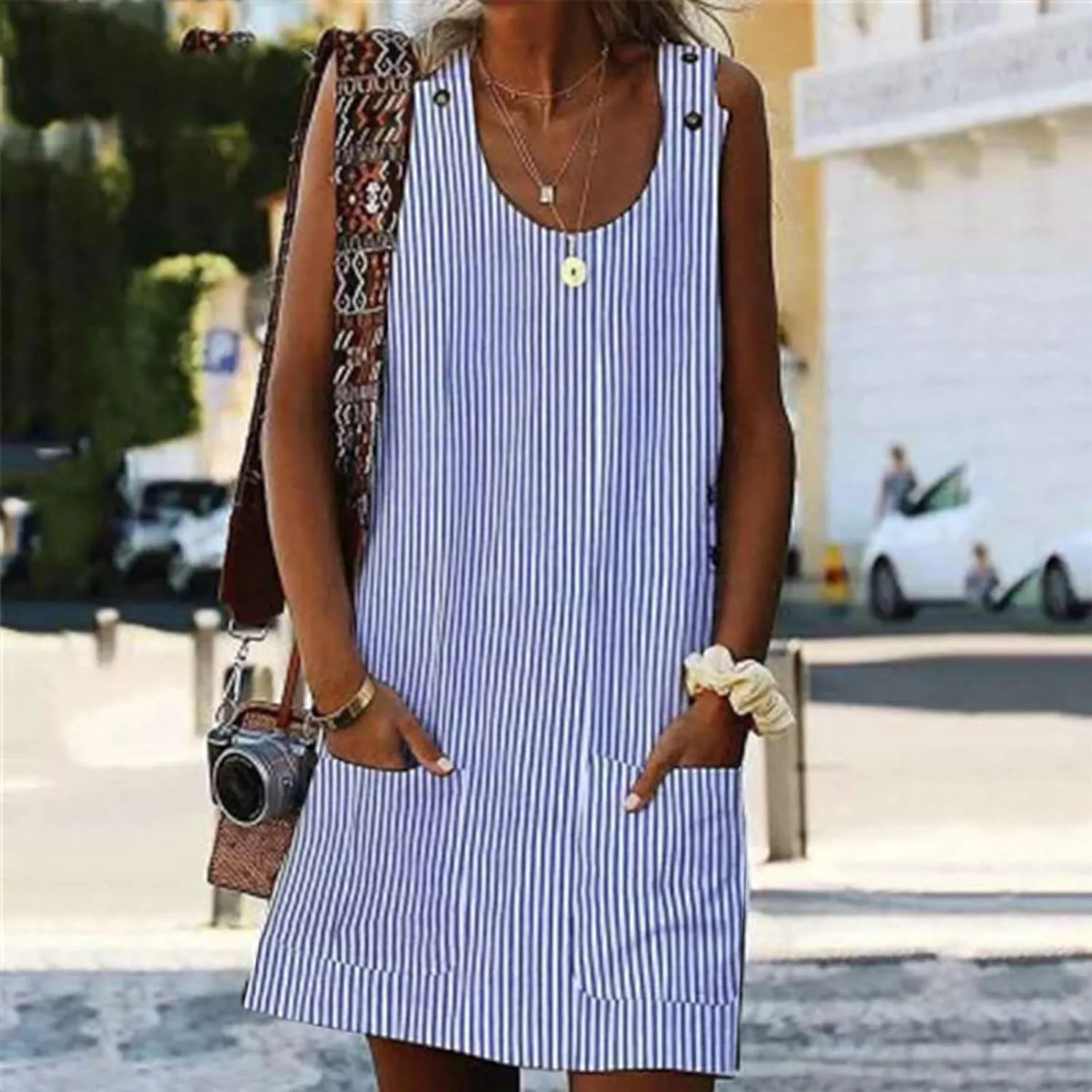 Plus Size Summer Dresses for Women 2024 Casual Striped Sleeveless Sundresses with Pockets Loose A Line Mini Dress