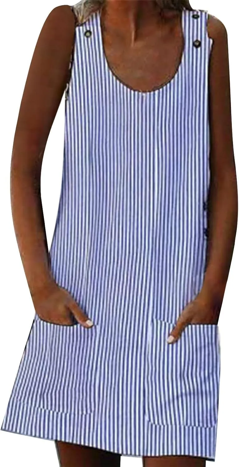 Plus Size Summer Dresses for Women 2024 Casual Striped Sleeveless Sundresses with Pockets Loose A Line Mini Dress