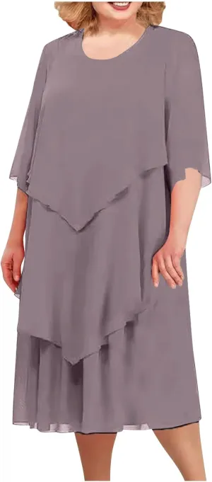 Plus Size Summer Midi Dresses for Women Elbow Length Sleeve Chiffon Overlay Dress Elegant Dressy Wedding Guest Cocktail Dress