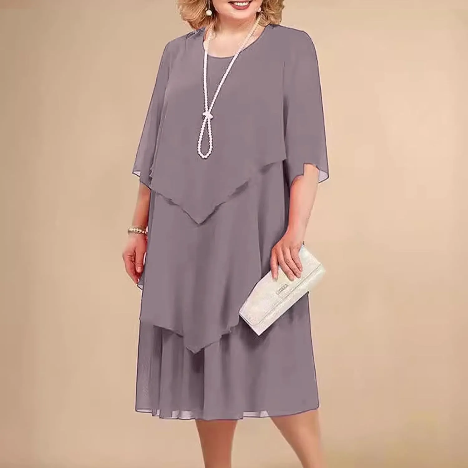 Plus Size Summer Midi Dresses for Women Elbow Length Sleeve Chiffon Overlay Dress Elegant Dressy Wedding Guest Cocktail Dress