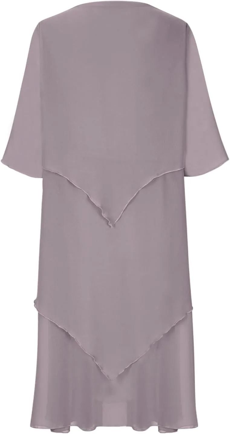 Plus Size Summer Midi Dresses for Women Elbow Length Sleeve Chiffon Overlay Dress Elegant Dressy Wedding Guest Cocktail Dress