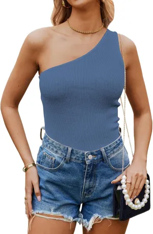 Poetsky Womens One Shoulder Tank Tops Summer Sleeveless Ribbed Knit Shirts Slim Fitted Tee Blouses