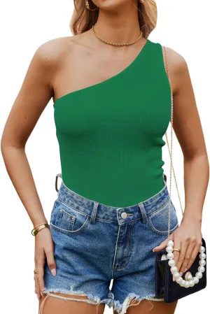 Poetsky Womens One Shoulder Tank Tops Summer Sleeveless Ribbed Knit Shirts Slim Fitted Tee Blouses