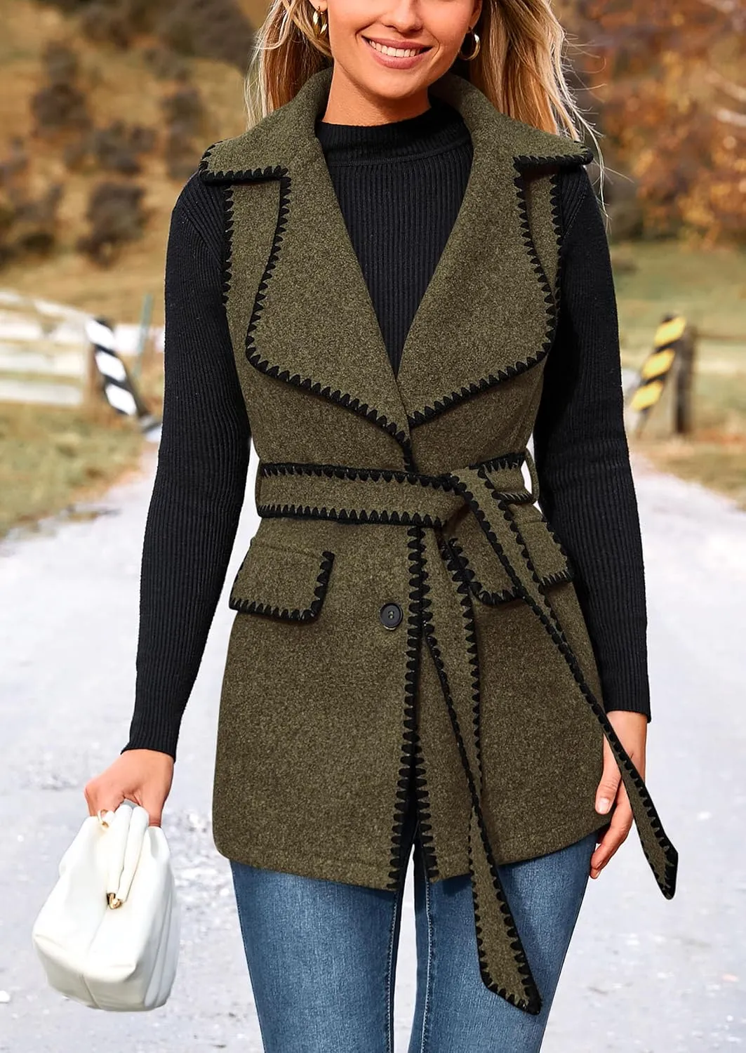 PRETTYGARDEN Women's 2025 Tweed Vest Jackets Sleeveless Lapel Button Front Belt Color Block Winter Cardigan Outerwear