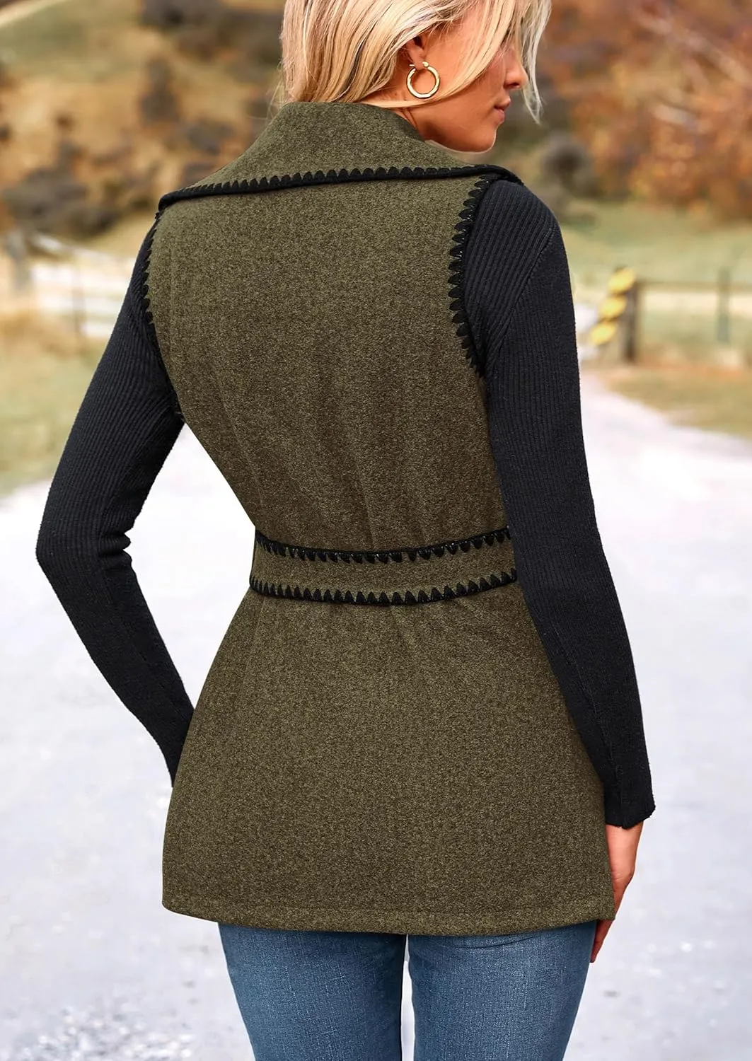 PRETTYGARDEN Women's 2025 Tweed Vest Jackets Sleeveless Lapel Button Front Belt Color Block Winter Cardigan Outerwear