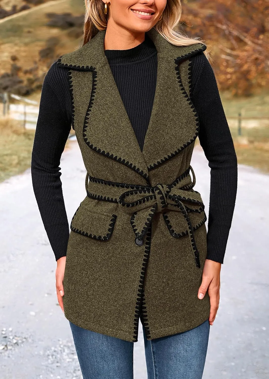 PRETTYGARDEN Women's 2025 Tweed Vest Jackets Sleeveless Lapel Button Front Belt Color Block Winter Cardigan Outerwear