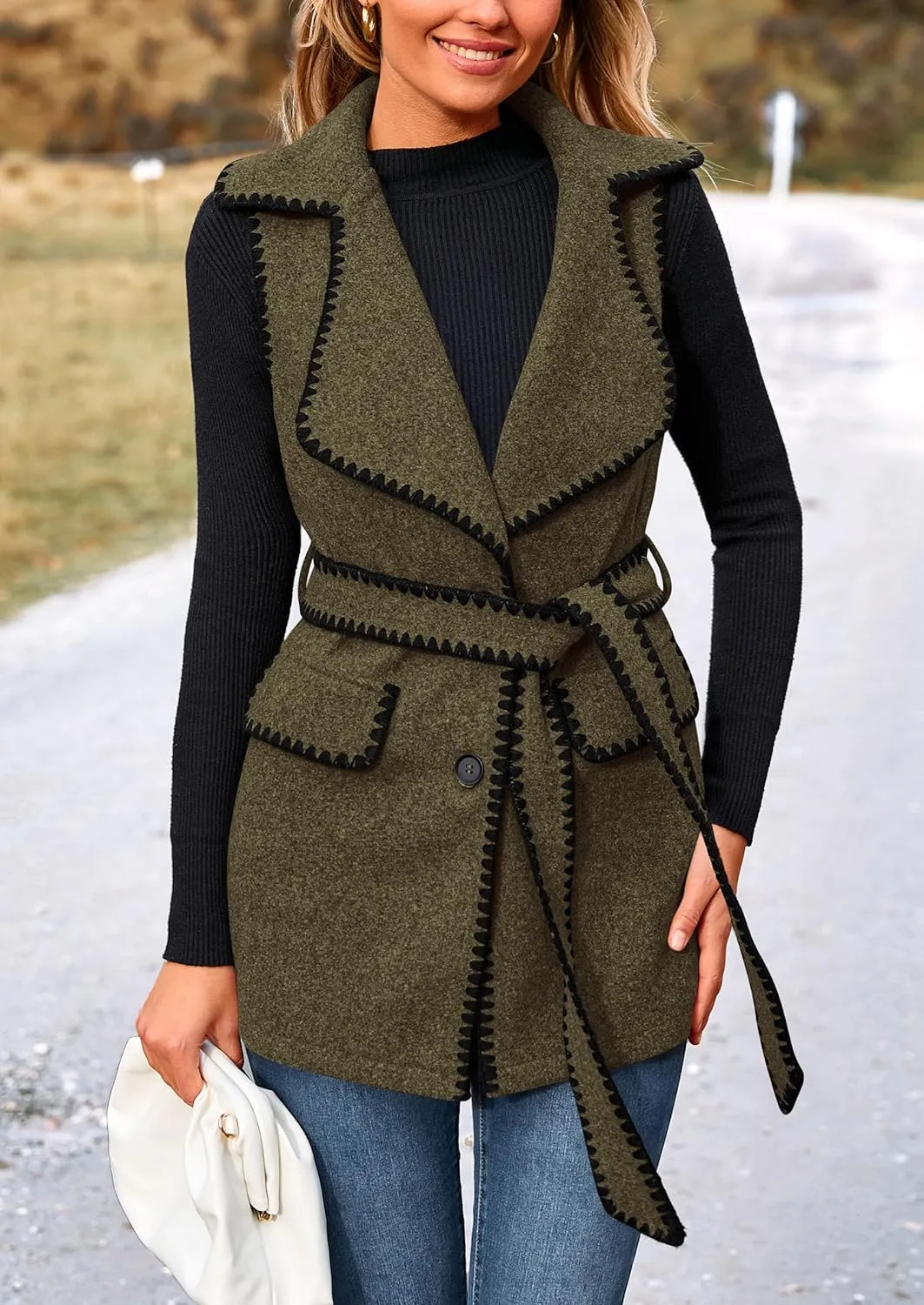PRETTYGARDEN Women's 2025 Tweed Vest Jackets Sleeveless Lapel Button Front Belt Color Block Winter Cardigan Outerwear