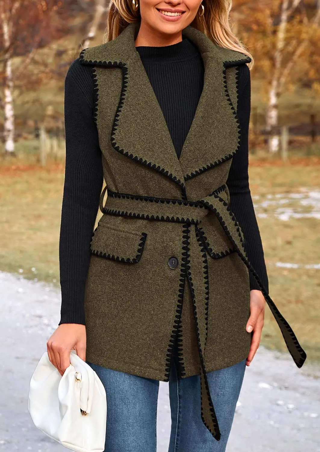 PRETTYGARDEN Women's 2025 Tweed Vest Jackets Sleeveless Lapel Button Front Belt Color Block Winter Cardigan Outerwear