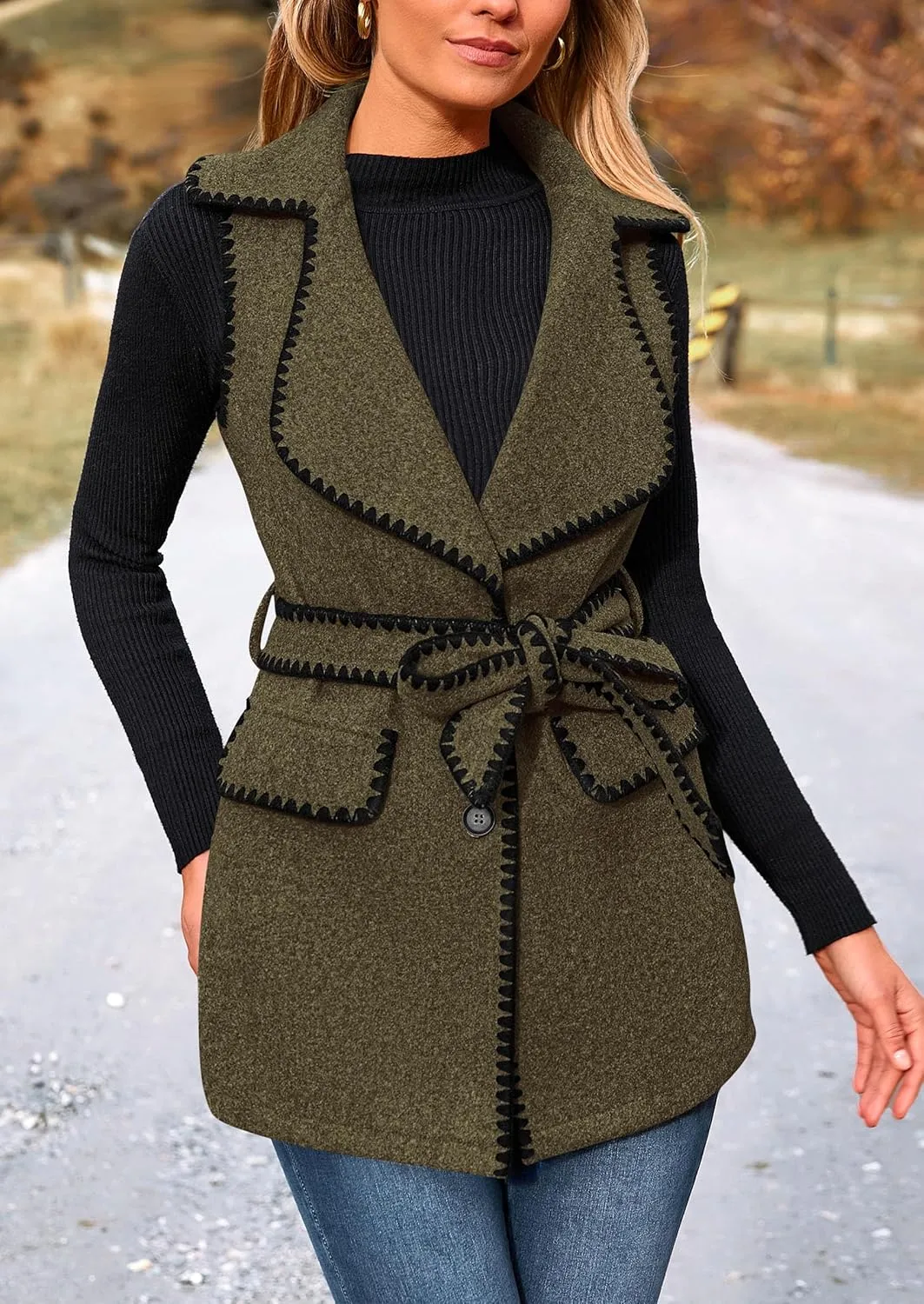PRETTYGARDEN Women's 2025 Tweed Vest Jackets Sleeveless Lapel Button Front Belt Color Block Winter Cardigan Outerwear