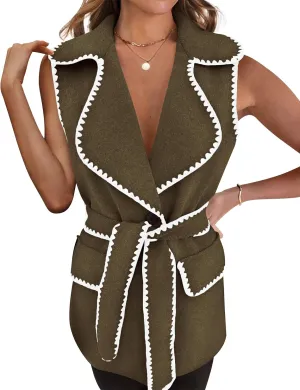 PRETTYGARDEN Women's 2025 Tweed Vest Jackets Sleeveless Lapel Button Front Belt Color Block Winter Cardigan Outerwear