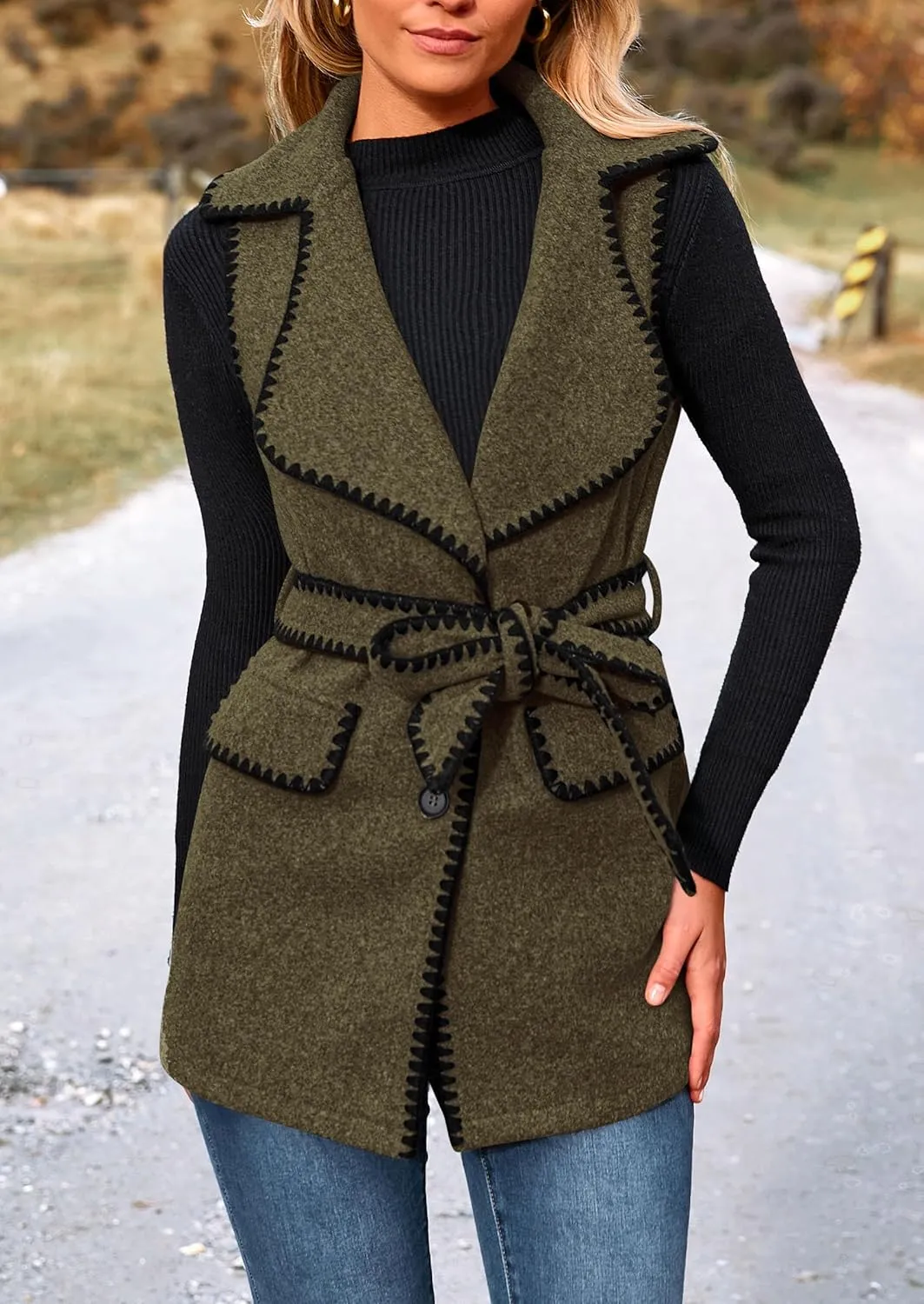 PRETTYGARDEN Women's 2025 Tweed Vest Jackets Sleeveless Lapel Button Front Belt Color Block Winter Cardigan Outerwear
