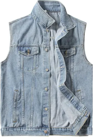 PRIJOUHE Men's Denim Vest Jean Vest Black Denim Motorcycle Black Blue Biker Plus Size Sleeveless