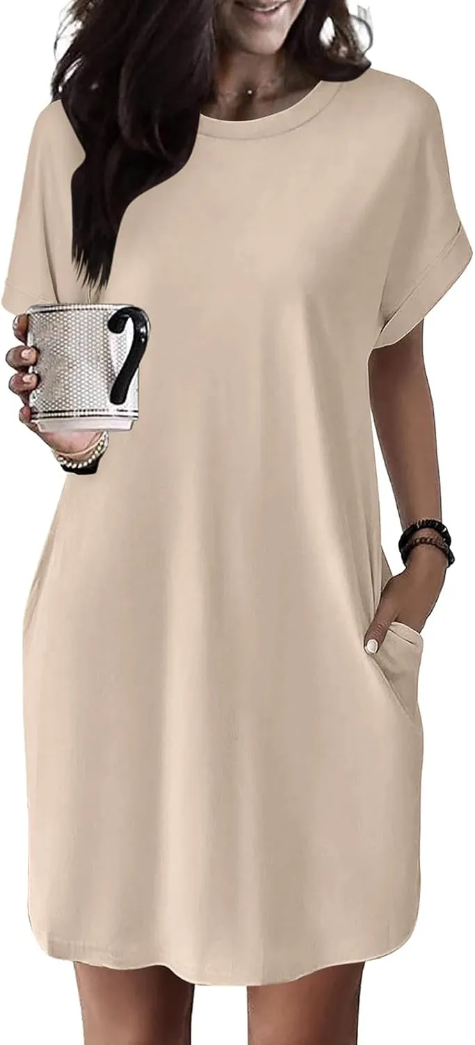 PTOLOCIF Summer Dresses for Women 2024 Casual Short Sleeve T Shirt Dress Crewneck Loose Solid Color Basic Dresses with Pocket