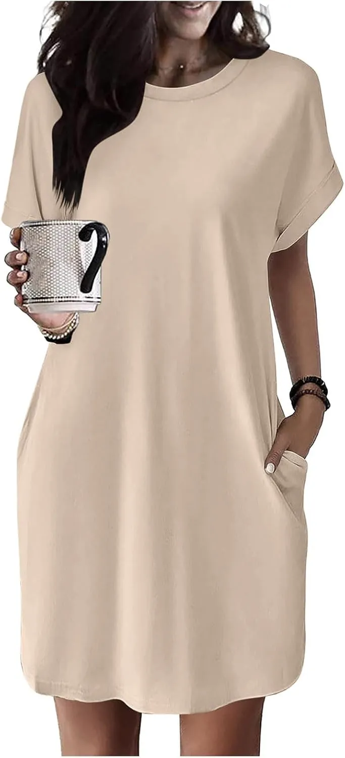 PTOLOCIF Summer Dresses for Women 2024 Casual Short Sleeve T Shirt Dress Crewneck Loose Solid Color Basic Dresses with Pocket