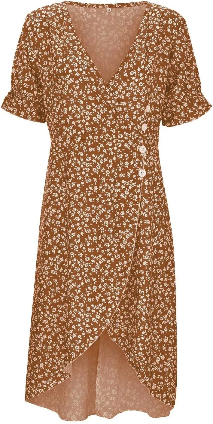 PTOLOCIF Women's Button V Neck Bubble Sleeve Irregular Hem Dress Plus Size T Shirt Dress