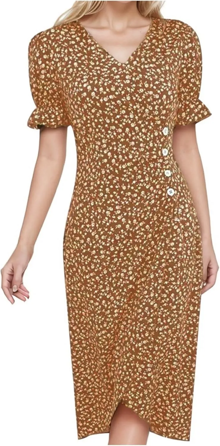 PTOLOCIF Women's Button V Neck Bubble Sleeve Irregular Hem Dress Plus Size T Shirt Dress