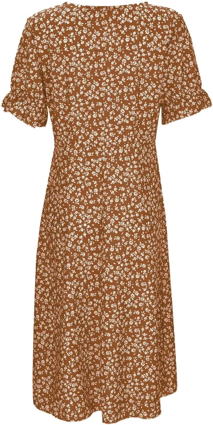 PTOLOCIF Women's Button V Neck Bubble Sleeve Irregular Hem Dress Plus Size T Shirt Dress