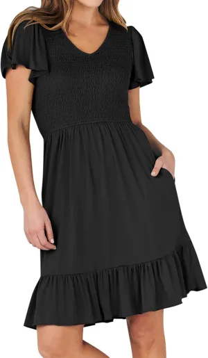 PTOLOCIF Womens Summer Dress 2025 Casual Swing Ruffle Short Sleeve Sundresses Smocked Beach Mini A-Line Shift Dresses