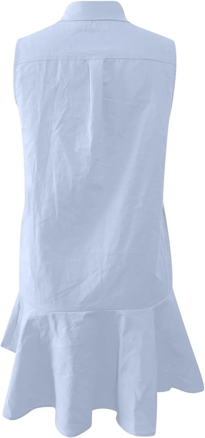 PTOLOCIF Women's Tunic Mini Shirt Dress Sleeveless Cute Chambray Dress Button Up Flowy Ruffle Hem Dresses Straight