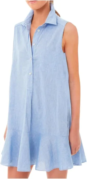 PTOLOCIF Women's Tunic Mini Shirt Dress Sleeveless Cute Chambray Dress Button Up Flowy Ruffle Hem Dresses Straight