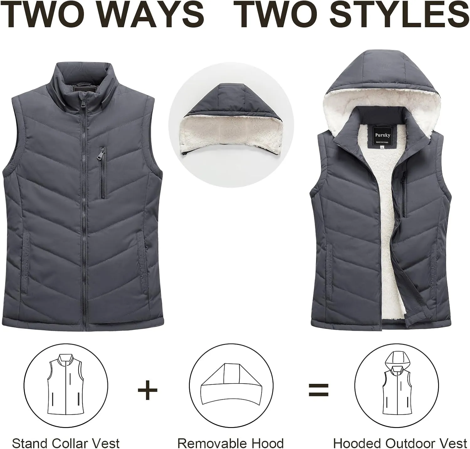 Pursky Women's Winter Vest Sherpa Fleece Lined Puffer Vest Warm Lightweight Sleeveless Jackets With Removable Hood